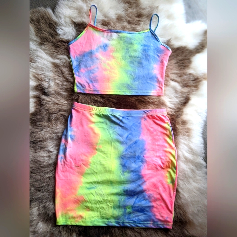 Neon Tie dye crop top and skirt